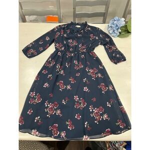 LOFT Floral‎ Midi Dress Ruffle Neck Tie Long Sleeve S